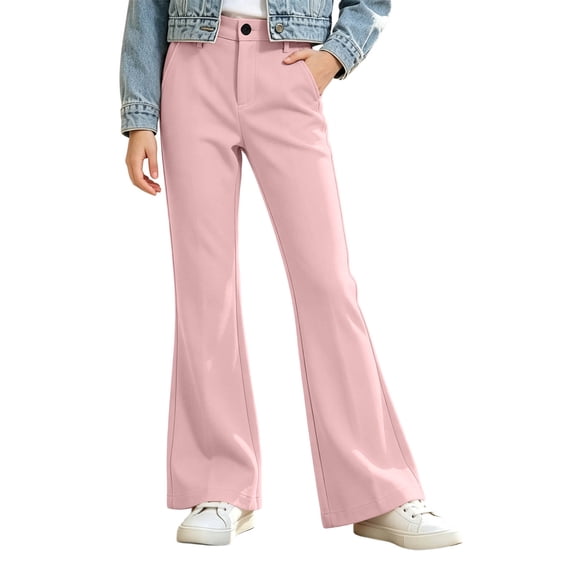 OGLCCG Uniform Pants for Girls Kids Flare School Dress Pant with Pockets Elastic Waist Bell Bottom Trousers(Pink,13-14 Years)