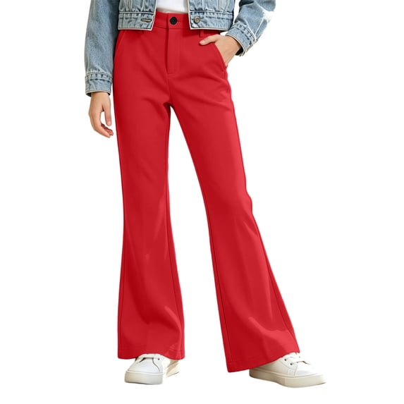 OGLCCG Uniform Pants for Girls Kids Flare School Dress Pant with Pockets Elastic Waist Bell Bottom Trousers(Red,11-12 Years)