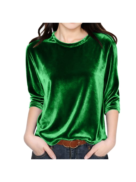 Velvet Tops for Girls 3/4 Length Sleeve Round Neck Dressy Velour Tops Solid Color Trendy Casual Elegant Holiday Party Tunic Blouses 3-14 Years
