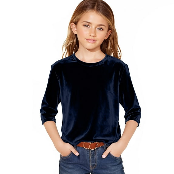OGLCCG Velvet Tops for Girls 3/4 Length Sleeve Round Neck Dressy Velour Tops Solid Color Trendy Casual Elegant Holiday Party Tunic Blouses 3-14 Years