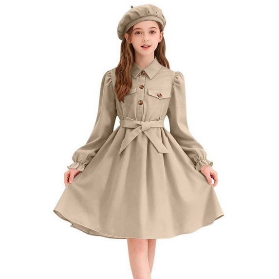 OGLCCG Vintage Dresses for Girls Retro Long Puff Sleeve Front Bow Tie Midi Dress with Hat Button Up Elegant A-Line Party Holiday Dresses 8-13 Years