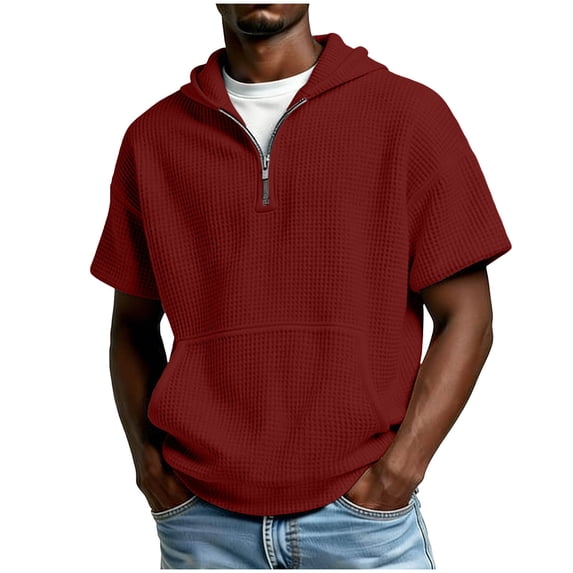 OGLCCG Waffle Knit Hoodies for Men 1/4 Zip Up Loose Sweatshirt with Kangaroo Pockets Solid Color Casual Short Sleeve Hooded Pullover Tops,XXL,Wine