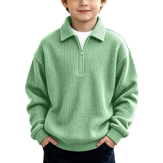 OGLCCG Waffle Knit Sweatshirt for Boys Quarter Zip Pullover Tops Fashion Lightweight Long Sleeve Solid Color Tops Size 3-14