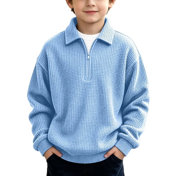 OGLCCG Waffle Knit Sweatshirt for Boys Quarter Zip Pullover Tops Fashion Lightweight Long Sleeve Solid Color Tops Size 3-14