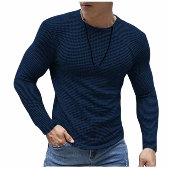OGLCCG Waffle Shirts for Men Lightweight Crew Neck Long Sleeve Casual Pullover Shirts Solid Color Breathable Soft Textured Knit Tops,S,Navy
