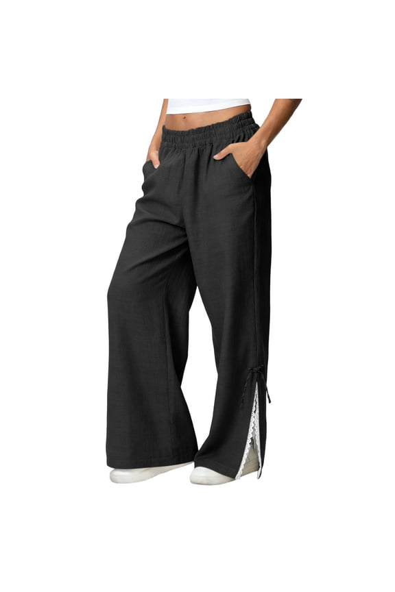Wide Leg Pant for Women High Waisted Summmer Split Ankle Casual Cotton Linen Palazzo Trousers Fashion Daily Loose Lounge Pants with Pockets,XL,Black