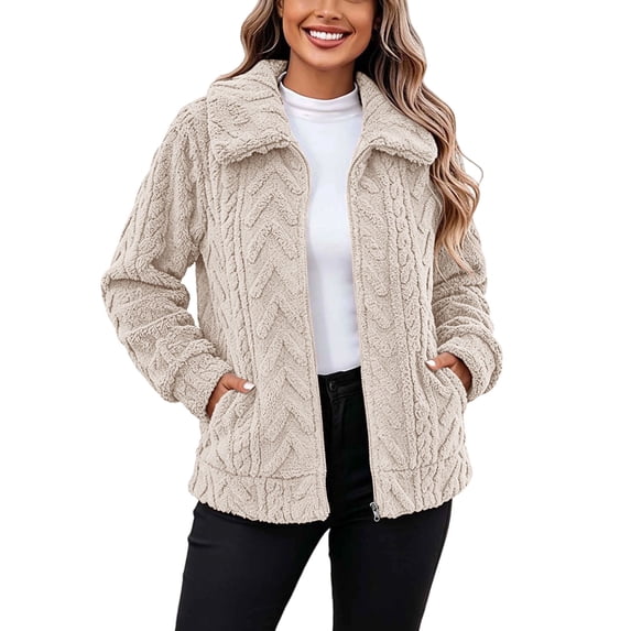 OGLCCG Winter Fleece Jacket for Women Long Sleeve Sherpa Fuzzy Jackets Full Zip Warm Teddy Coat with Pockets,Size S-3XL
