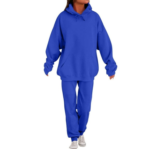 OGLCCG Women 2 Piece Sweatsuits Outfit Fall Winter Warm Fashion Tracksuit Long Sleeve Fleece Lined Hoodies and Sweatpants with Pocket,M,Blue