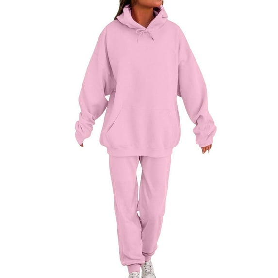 OGLCCG Women 2 Piece Sweatsuits Outfit Fall Winter Warm Fashion Tracksuit Long Sleeve Fleece Lined Hoodies and Sweatpants with Pocket,M,Pink