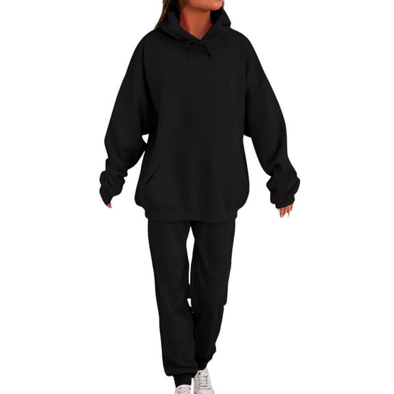 OGLCCG Women 2 Piece Sweatsuits Outfit Fall Winter Warm Fashion Tracksuit Long Sleeve Fleece Lined Hoodies and Sweatpants with Pocket,XL,Black
