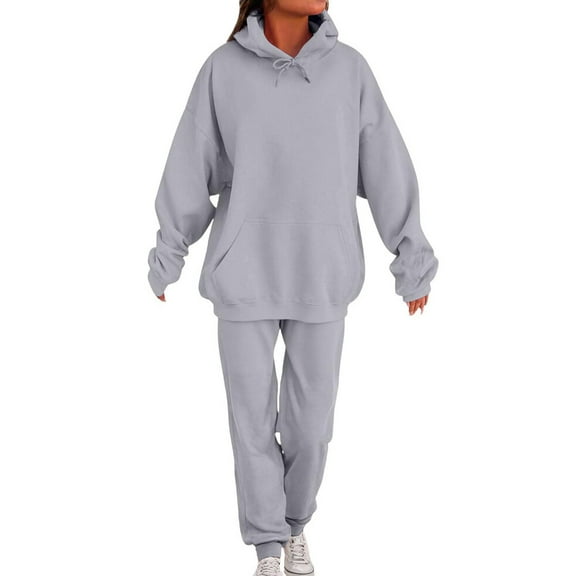 OGLCCG Women 2 Piece Sweatsuits Outfit Fall Winter Warm Fashion Tracksuit Long Sleeve Fleece Lined Hoodies and Sweatpants with Pocket,XL,Gray