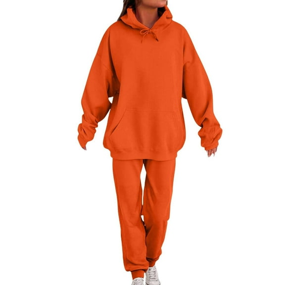 OGLCCG Women 2 Piece Sweatsuits Outfit Fall Winter Warm Fashion Tracksuit Long Sleeve Fleece Lined Hoodies and Sweatpants with Pocket,XL,Orange