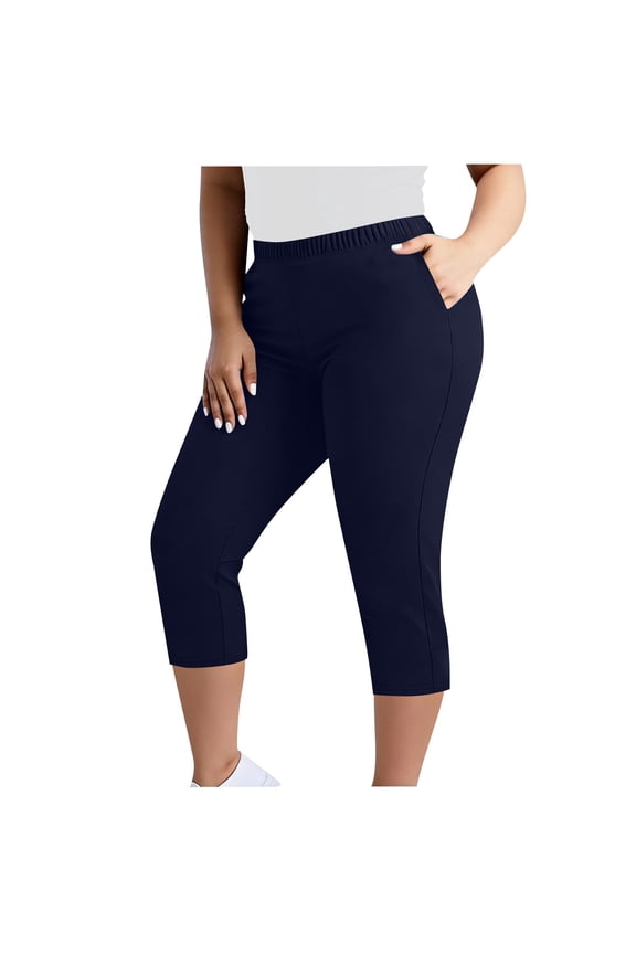 Women Capri Pants Plus Size Stretch Knee Length Leggings with Pockets Comfy Slim Fit Elastic Waist Casual Summer Ladies Pull On Capris,L,Dark Blue