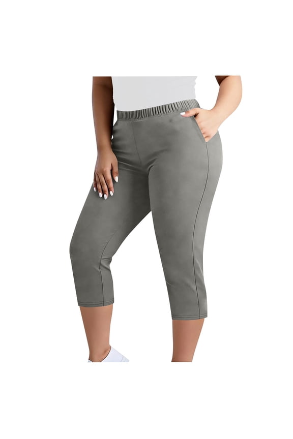 Women Capri Pants Plus Size Stretch Knee Length Leggings with Pockets Comfy Slim Fit Elastic Waist Casual Summer Ladies Pull On Capris,L,Gray