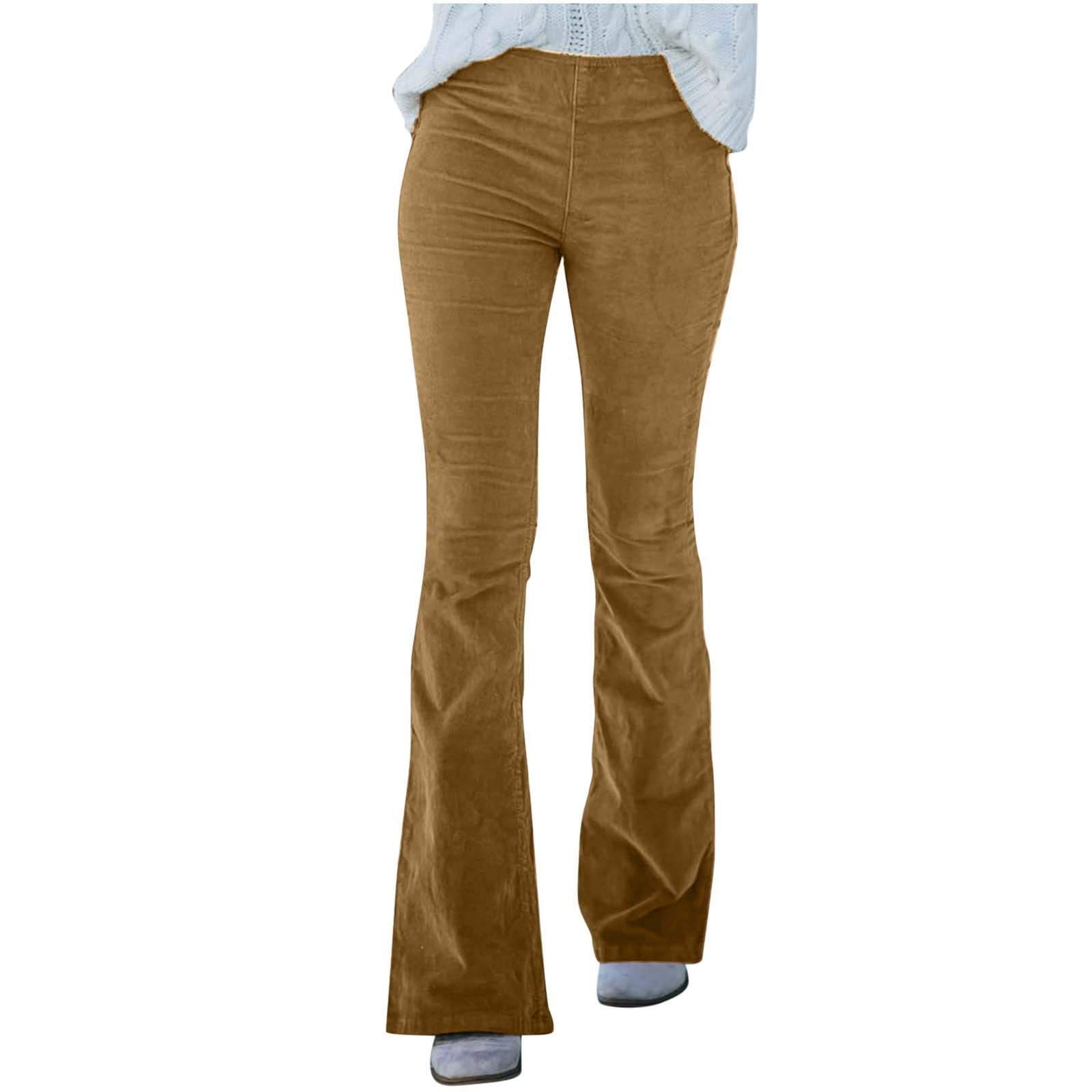 Women Corduroy Flare Pants Elastic Waist Wide Leg Vintage Trousers Pants  with Pockets