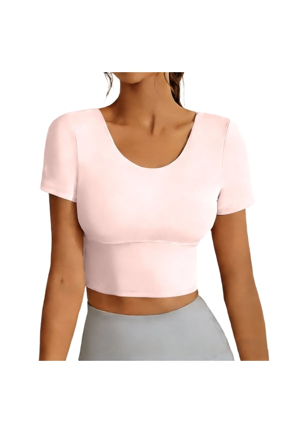Women Crop Workout Tops Short Sleeve Basic Y2K Going Out Crew Neck Running Athletic Top for Hiking Summer Fitted Yoga T Shirts,XXL,Pink