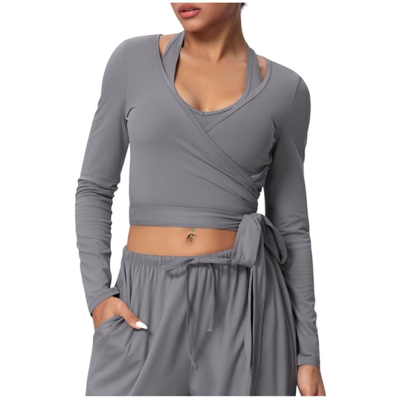 OGLCCG Women Long Sleeve Ballet Wrap Tops Tie Front Workout Yoga Pilate Gym Shirts Slim Fit Stretch Y2k Cardigan Shrug Athletic Activewear,L,Gray