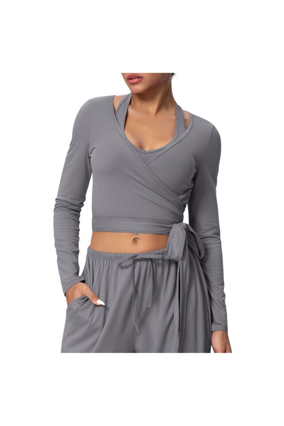 Women Long Sleeve Ballet Wrap Tops Tie Front Workout Yoga Pilate Gym Shirts Slim Fit Stretch Y2k Cardigan Shrug Athletic Activewear,M,Gray