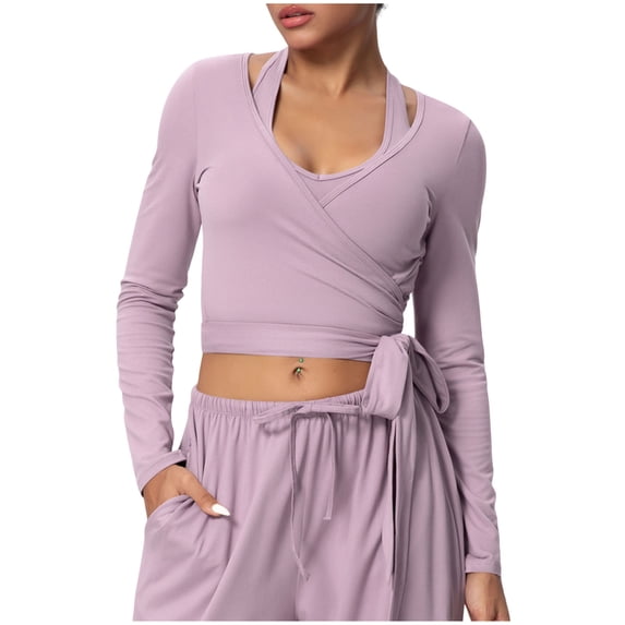 OGLCCG Women Long Sleeve Ballet Wrap Tops Tie Front Workout Yoga Pilate Gym Shirts Slim Fit Stretch Y2k Cardigan Shrug Athletic Activewear,M,Purple