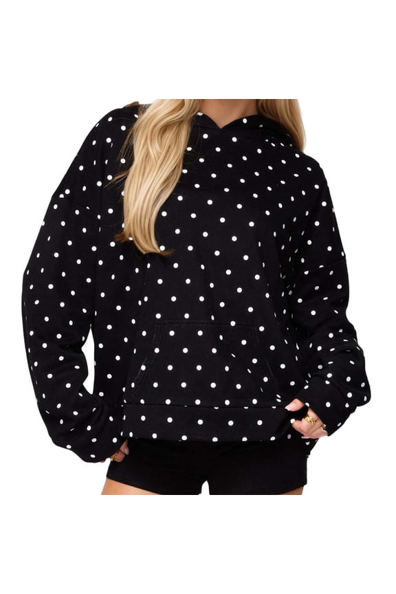 Women Polka Dot Hoodie Oversized Fleece Hooded Sweatshirt Long Sleeve Drop Shoulder Graphic Print Pullover Tops with Pocket,M,Black