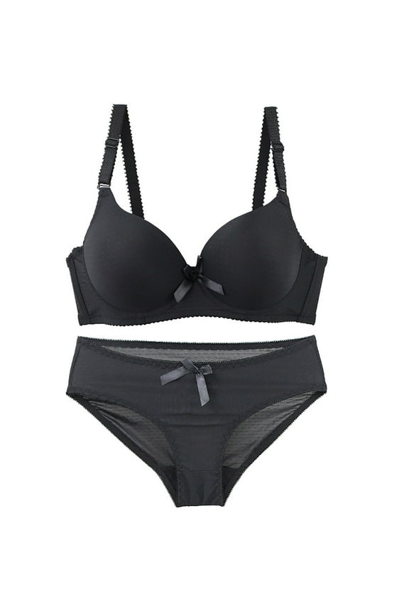 Women Push Up Bras and Panty Set Wireless Plus Size Underwire Lightly Padded Bras with Bowknot Bikini Briefs Comfort Underwear Sets