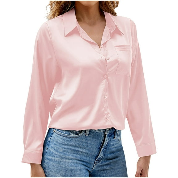 OGLCCG Women Satin Silk Button Down Shirt Ladies Long Sleeve Casual Work Tunic Tops Solid Color V Neck Loose Business Dressy Blouse,XL,Pink