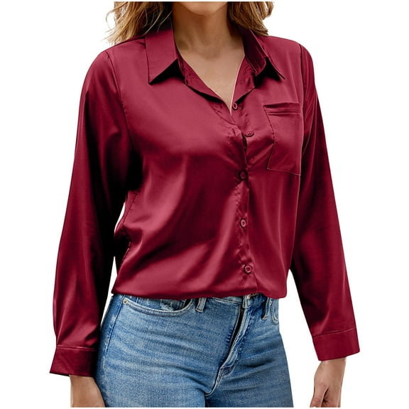 OGLCCG Women Satin Silk Button Down Shirt Ladies Long Sleeve Casual Work Tunic Tops Solid Color V Neck Loose Business Dressy Blouse,XL,Wine