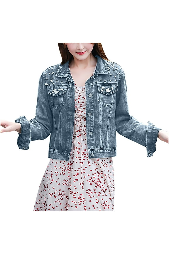 Women Short Denim Jacket Fall Fashion Button Down Pearls Beading Jeans Coat Casual Long Sleeve Outerwear with Pockets