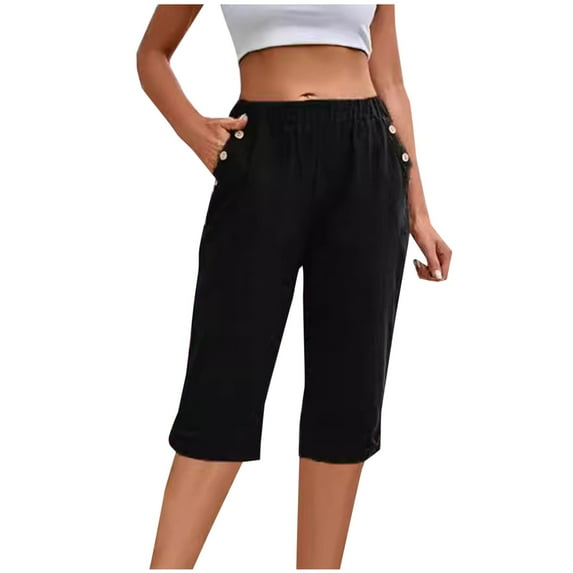 OGLCCG Women Summer Capri Pants Casual Wide Leg Elastic Waist Lightweight Cropped Pants with Pockets Loose Solid Color 3/4 Length Pants