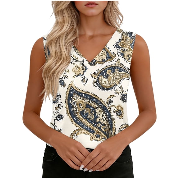 OGLCCG Women Summer Tank Tops Floral Printed V Neck Sleeveless Blouse Shirts Loose Fit Casual Business Work Tunic Cami Shirts,M,White 5