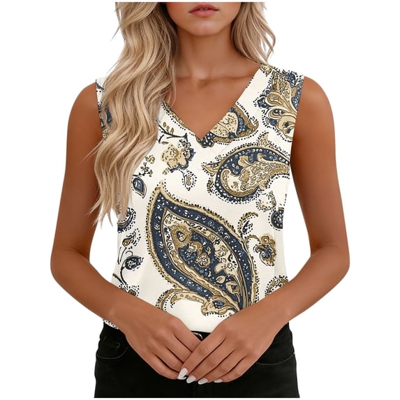OGLCCG Women Summer Tank Tops Floral Printed V Neck Sleeveless Blouse Shirts Loose Fit Casual Business Work Tunic Cami Shirts,S,White 5