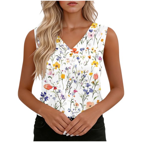OGLCCG Women Summer Tank Tops Floral Printed V Neck Sleeveless Blouse Shirts Loose Fit Casual Business Work Tunic Cami Shirts,XXXL,White 1
