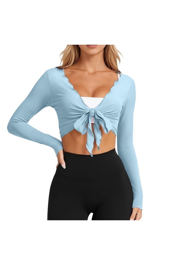 Women Tie Front Wrap Tops Long Sleeve Pilate Ballet Ruffle Bolero Shrugs Deep V Cropped Yoga Layering Workout Cardigan,L,Blue