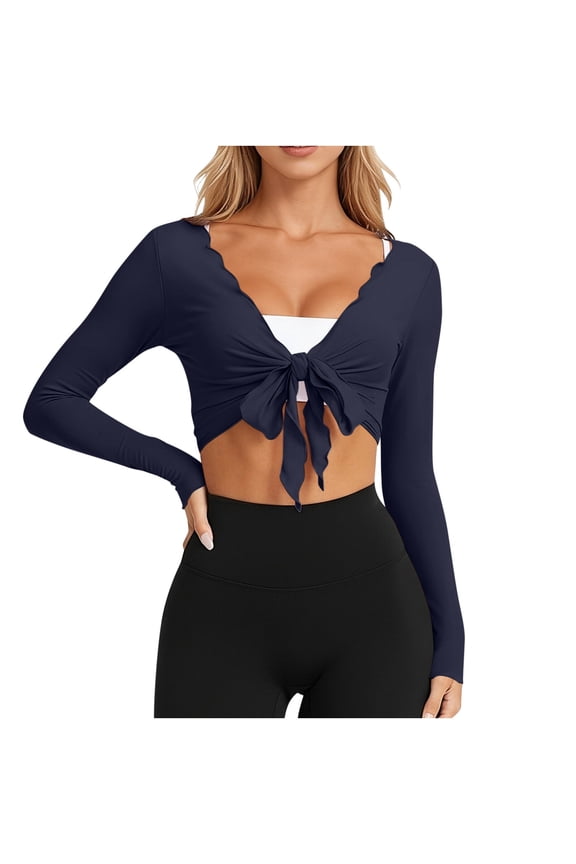 Women Tie Front Wrap Tops Long Sleeve Pilate Ballet Ruffle Bolero Shrugs Deep V Cropped Yoga Layering Workout Cardigan,L,Navy