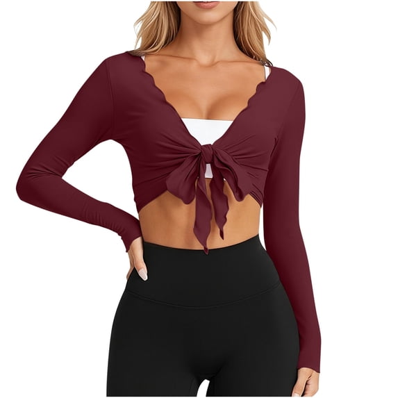 OGLCCG Women Tie Front Wrap Tops Long Sleeve Pilate Ballet Ruffle Bolero Shrugs Deep V Cropped Yoga Layering Workout Cardigan,L,Wine
