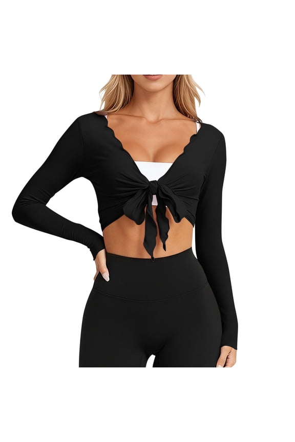 Women Tie Front Wrap Tops Long Sleeve Pilate Ballet Ruffle Bolero Shrugs Deep V Cropped Yoga Layering Workout Cardigan,XL,Black