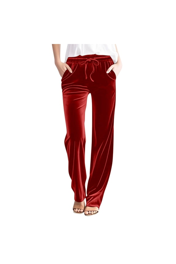 Women Velour Pants Soft Straight Leg Velvet Athletic Sweatpants Casual High Waisted Drawstring Lounge Pants with Pockets,M,Red