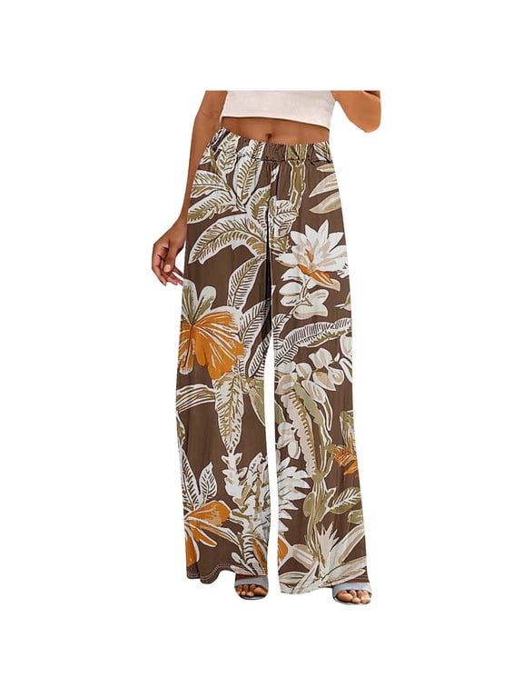 Women Wide Leg Palazzo Pants High Waisted Casual Flowy Lounge Pants Floral Printed Boho Beach Trousers with Pockets