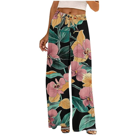 OGLCCG Women Wide Leg Palazzo Pants High Waisted Casual Flowy Lounge Pants Floral Printed Boho Beach Trousers with Pockets