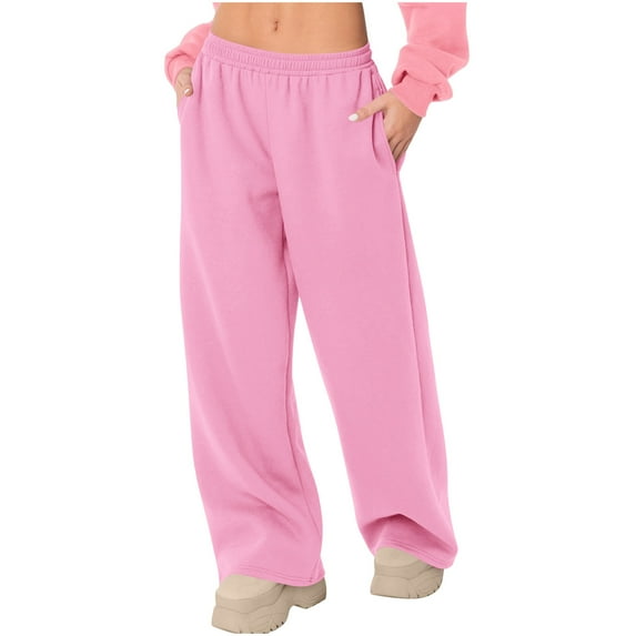 OGLCCG Women Wide Leg Sweatpants Fall Winter Fleece Lined Athletic Jogger Pants with Pockets Solid Color Baggy Classic Track Pants,S,Pink