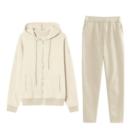 OGLCCG Women's 2 Piece Tracksuit Long Sleeve Full Zip Hoodies and Jogger Sweatpants Casual Warm Fleece Lined Sweatsuits Activewear Set,L,Beige