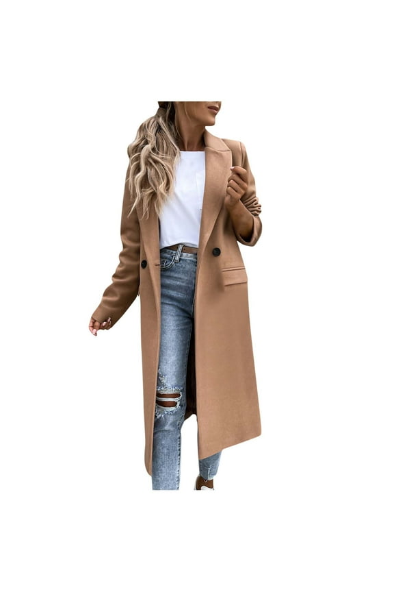Women Winter Wool Blend Mid-Long Coat Lapel Tunic Jacket Outwear Loose Fashion Solid Color Open Front Coat Tops With Pockets