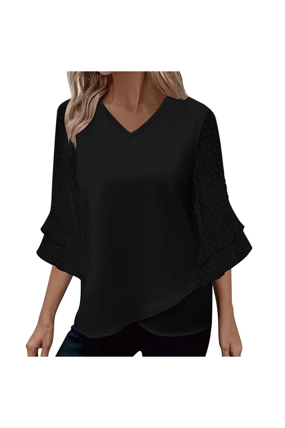 Women's 3/4 Sleeve Floral Blouses Shirts Double Layers V Neck Chiffon Dressy Tunics Tops Casual Business Work Tunic Shirts,XL,Black