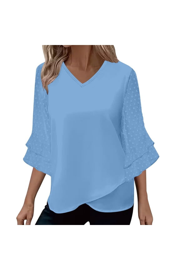 Women's 3/4 Sleeve Floral Blouses Shirts Double Layers V Neck Chiffon Dressy Tunics Tops Casual Business Work Tunic Shirts,XL,Blue