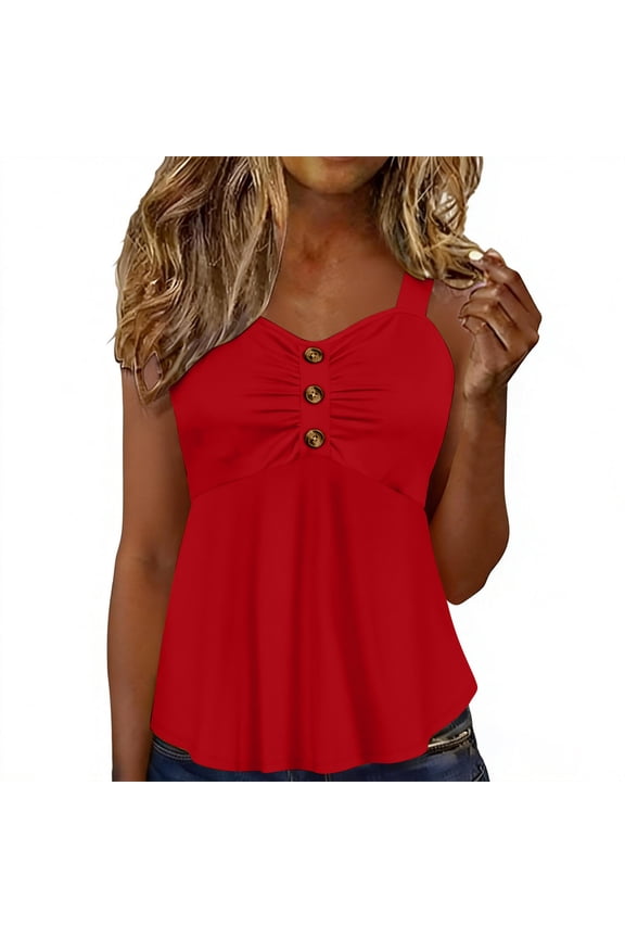 Women's Babydoll Tank Top Sleeveless V Neck Ruched Button Peplum Shirts Summer Cute Flowy Casual Ruffle Cami Shirts,L,Red