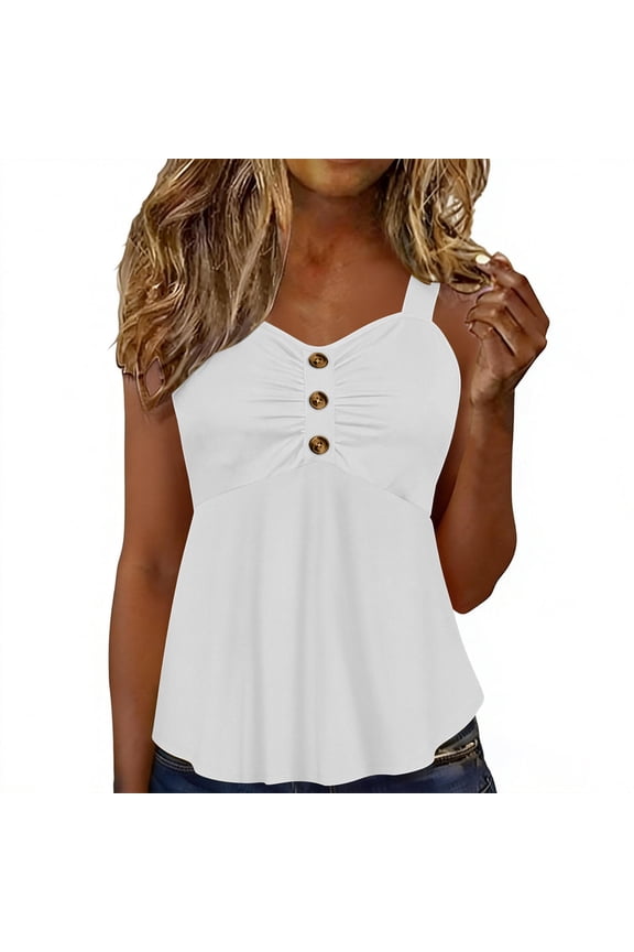Women's Babydoll Tank Top Sleeveless V Neck Ruched Button Peplum Shirts Summer Cute Flowy Casual Ruffle Cami Shirts,XL,White