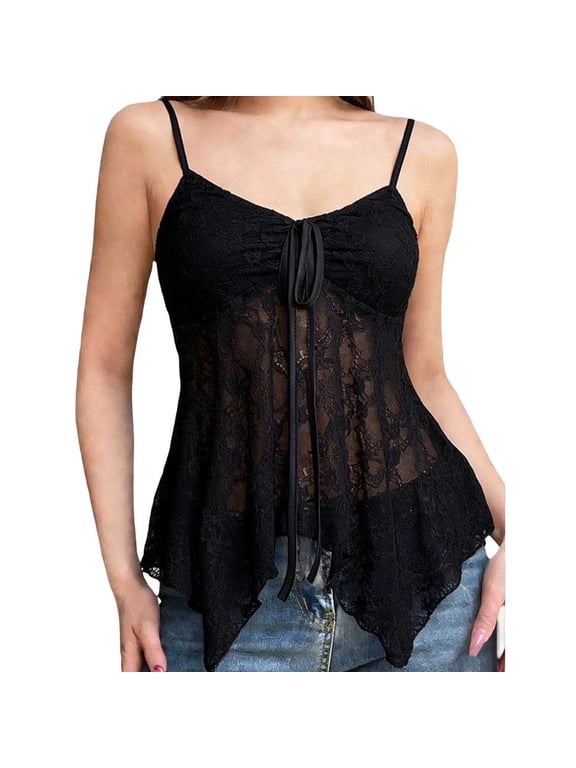 Women's Babydoll Tank Tops V Neck Cropped Cami Summer Spaghetti Strap Lace Flowy Mesh Bralette Tube Tops,Black