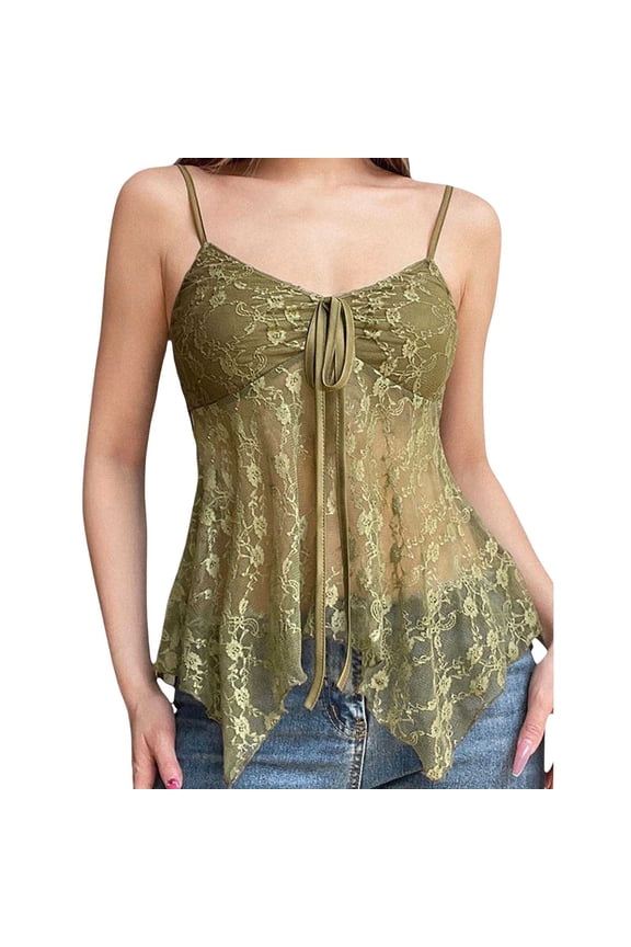Women's Babydoll Tank Tops V Neck Cropped Cami Summer Spaghetti Strap Lace Flowy Mesh Bralette Tube Tops,Green
