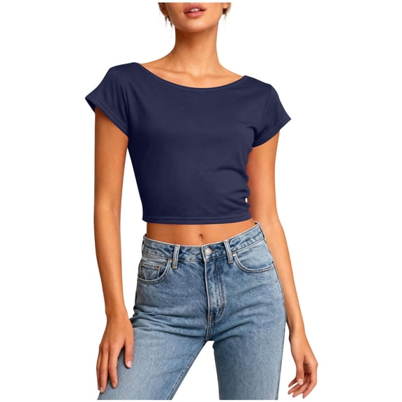 OGLCCG Women's Backless Cut Out Crop Tops Short Sleeve Crewneck Basic Slim T Shirts Outdoor Trendy Solid Color Workout Summer Tees,L,Navy