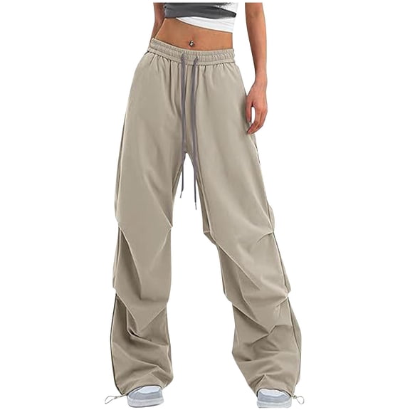 OGLCCG Women's Baggy Y2K Parachute Pants Lightweight Wide Leg Track Pants Casual Loose Fit Elastic Waist Jogger Sweatpants with Pockets,S,Khaki
